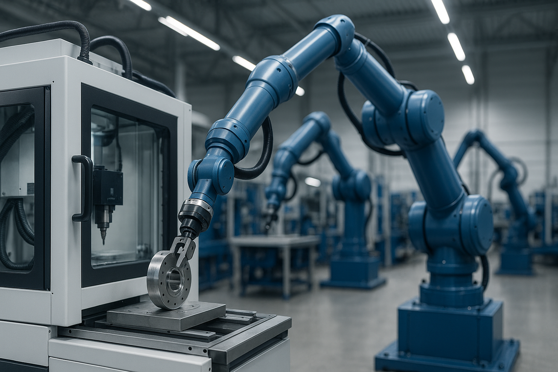 Automatisierte Fertigung mit Roboterarm und CNC-Maschine in Hightech-Industrieumgebung