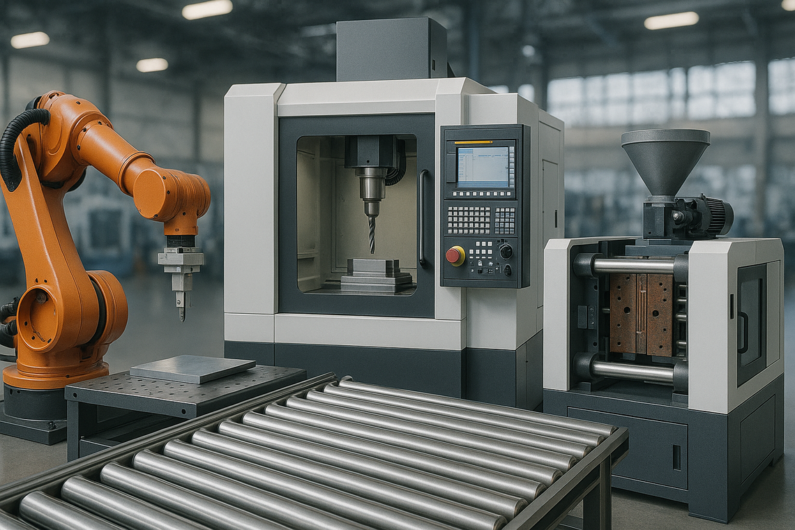 Typische automatisierte Maschinen im Maschinenbau: Roboterarm, CNC-Maschine, Fördertechnik und Spritzgießanlage in Industrieumgebung