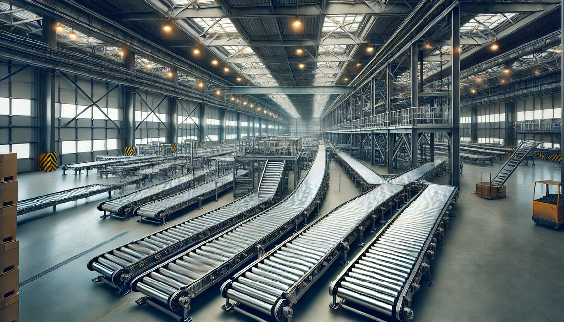 Weitläufige Logistikhalle mit zahlreichen miteinander vernetzten Rollenbahnen aus Metall, automatisierten Förderstrecken und mehrstöckigen Transportlinien für effiziente Warenbewegung.