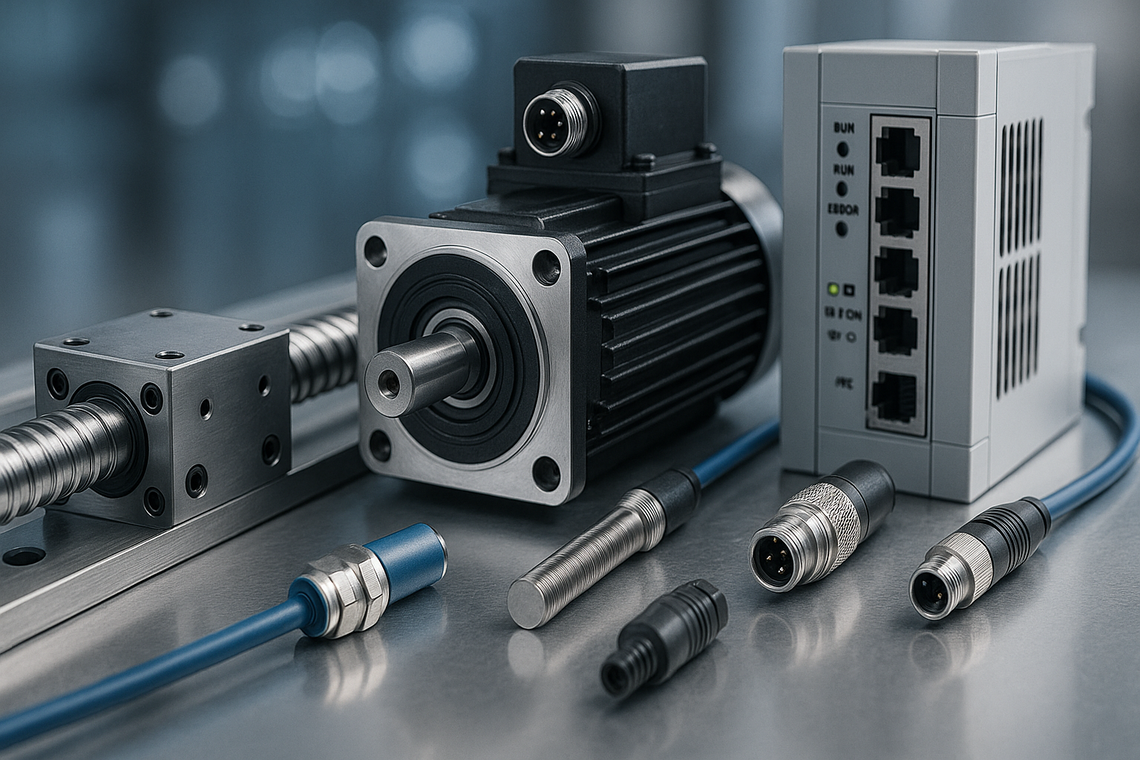 Typische Automatisierungskomponenten im Maschinenbau: Servoantrieb, PLC-Steuerung, Sensorik und Verbindungstechnik in Nahaufnahme