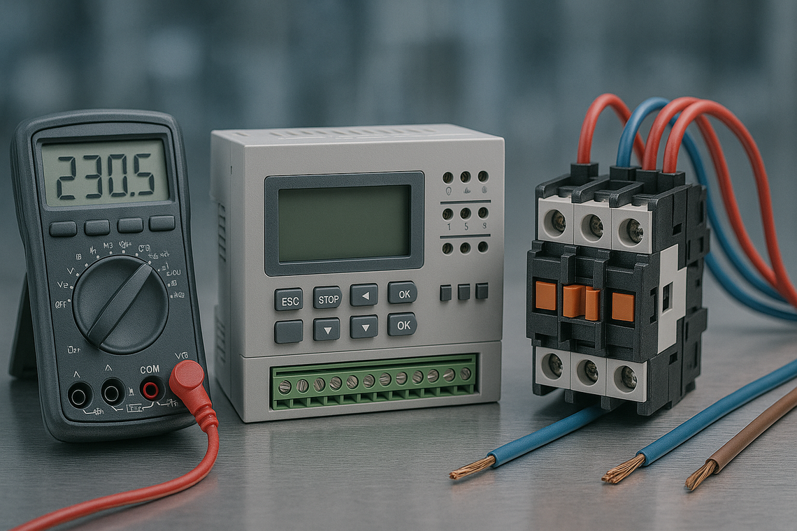Elektrokomponenten in der Automatisierung: SPS, Messgerät und Verdrahtung für Maschinenbau-Steuerungssysteme